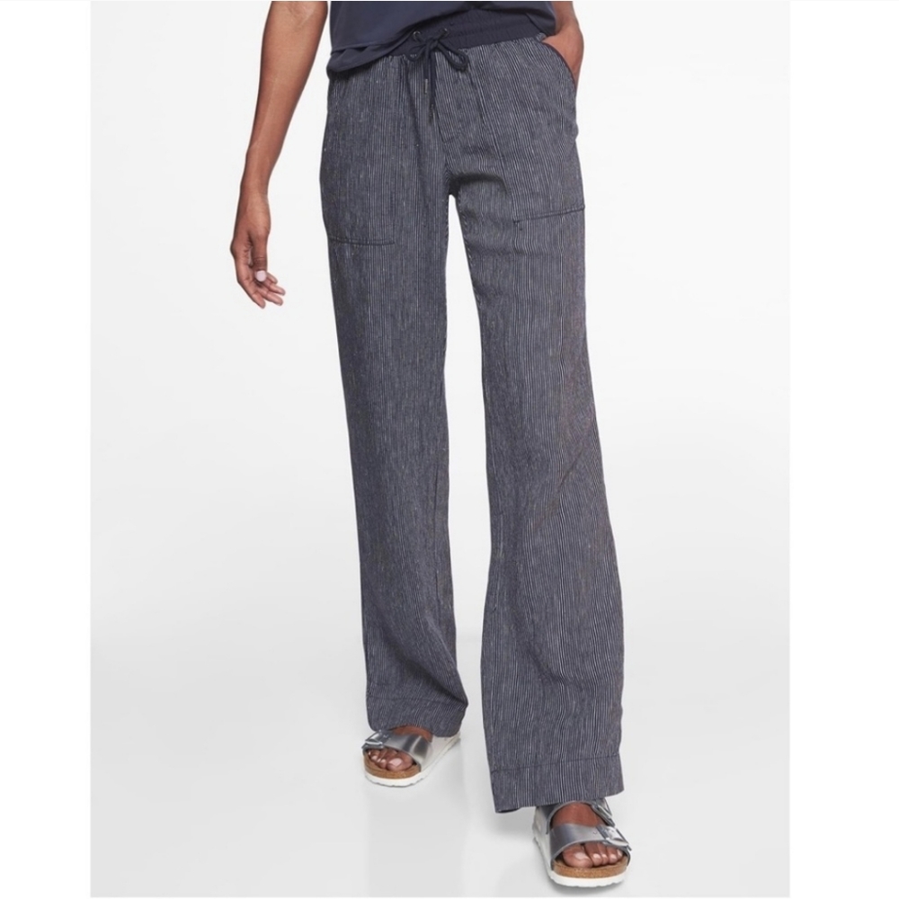 Athleta Stripe Bali Linen Trouser in Navy Wide Leg 6